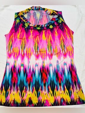 Worthington Vibrant Ikat Print Cowl Neck Sleeveless Top Tank Blouse dopamine M